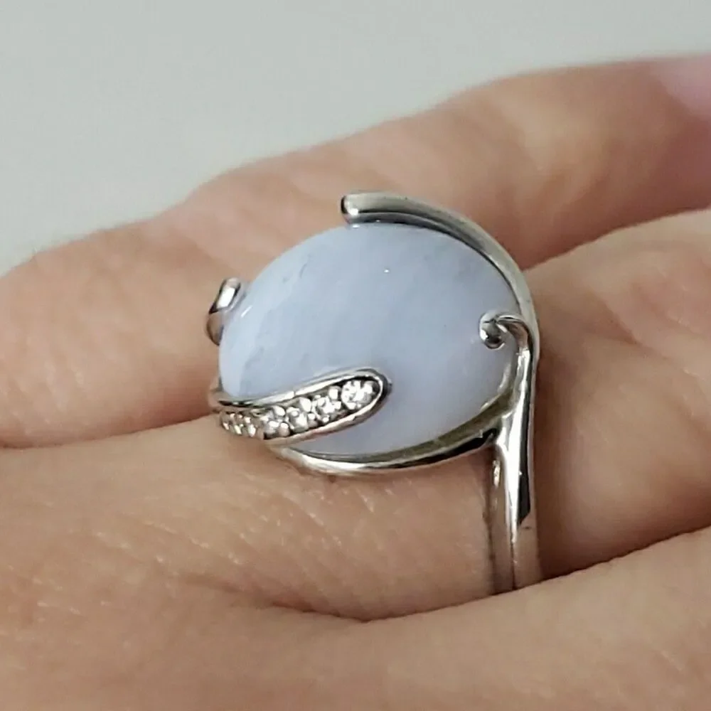 Blue Lace Agate Cabochon Ring CZ Accent 925 Silver Size 6